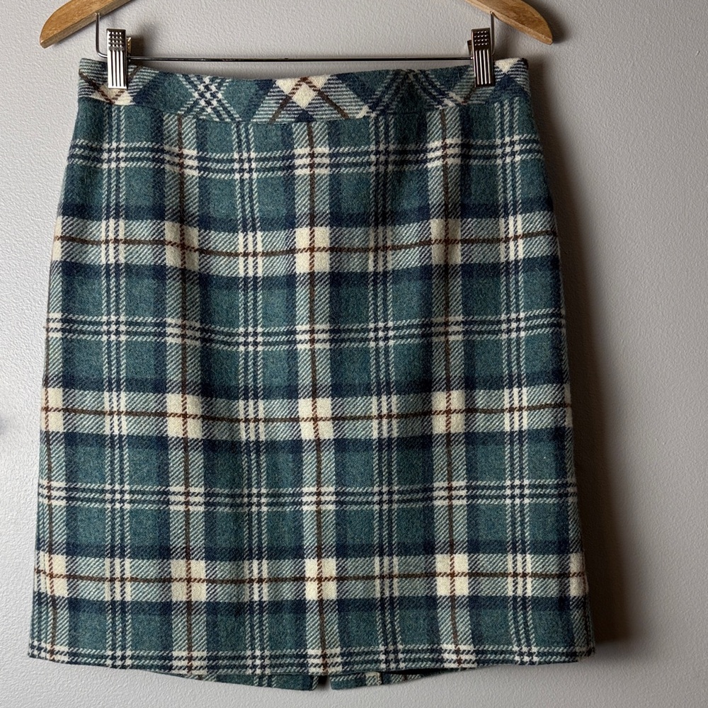 LlBean. Plaid Wool Blend A-Line Skirt in Teal and Cream
